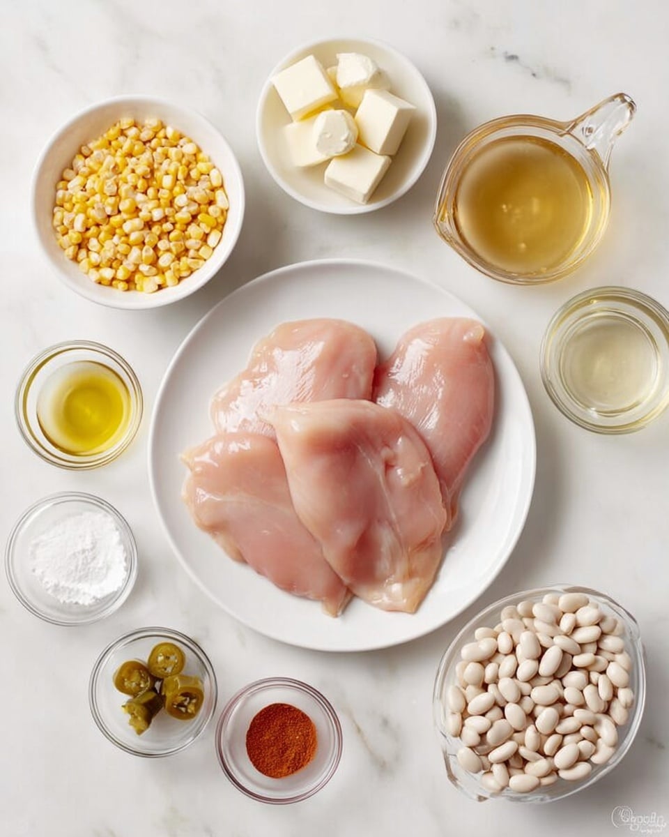 A white plate in the center holds three raw pink chicken breasts, smooth and shiny, slightly overlapping. Around it are small white bowls and clear glass containers arranged in a circle on a white marbled surface: one bowl with bright yellow corn kernels, another with white cubed butter, one with white powder, a small bowl with light yellow powder, a bowl with olive oil, a small bowl with white salt, a small bowl with red paprika powder, a small glass bowl with green jalapenos, a clear glass measuring cup with light tan broth, and a clear glass bowl filled with white beans. All ingredients are spaced neatly and clearly visible. photo taken with an iphone --ar 4:5 --v 7