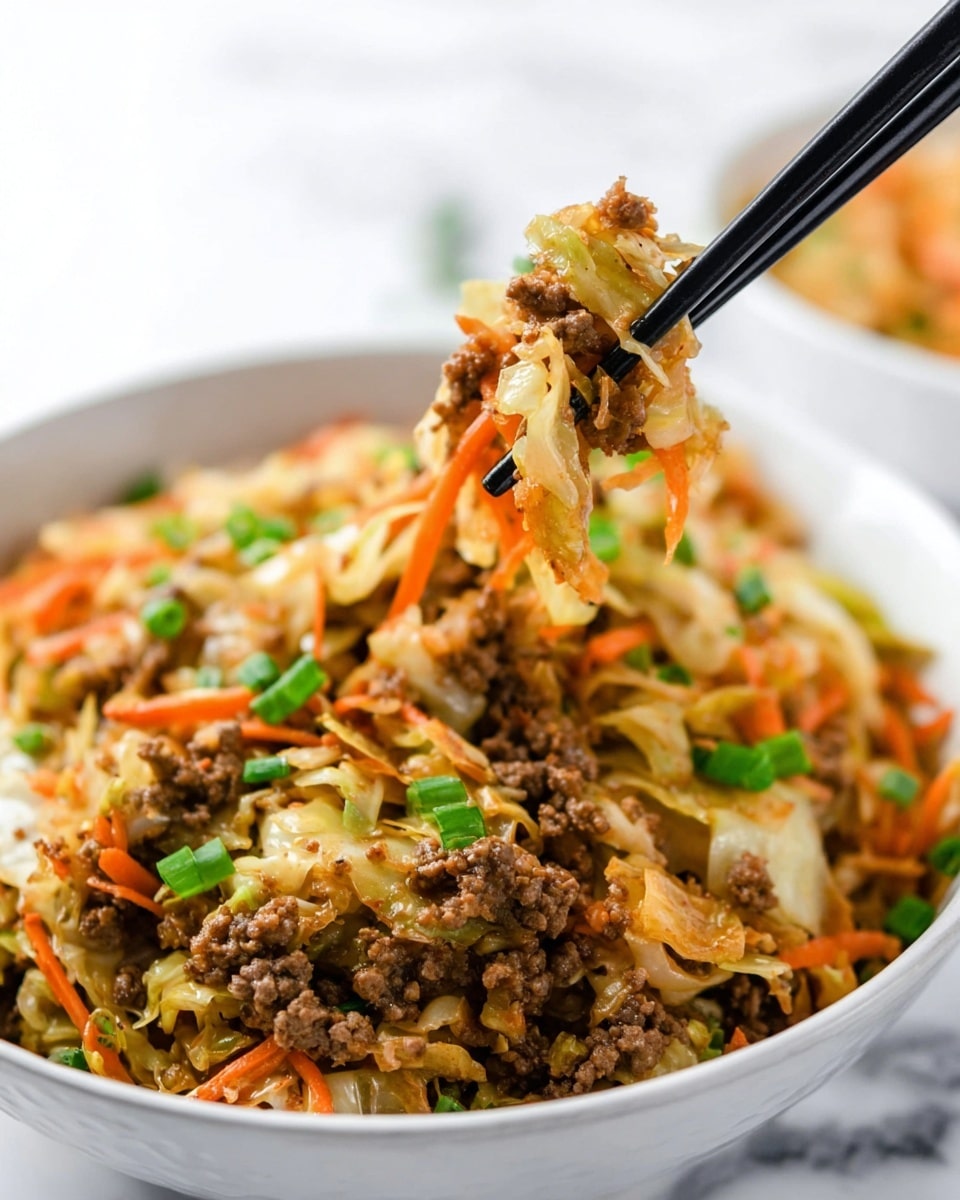 A close-up image shows a white bowl filled with a mixed dish of ground beef, thinly sliced light brown cooked cabbage, and thin orange carrot strips, all tossed together. Scattered bright green chopped scallions are sprinkled on top, adding color contrast. A pair of black chopsticks hold a portion of the mixture above the bowl, highlighting the textured layers of cooked meat and vegetables. The background features a smooth white marbled surface, keeping the focus on the food. The lighting makes the dish look fresh and warm. photo taken with an iphone --ar 4:5 --v 7