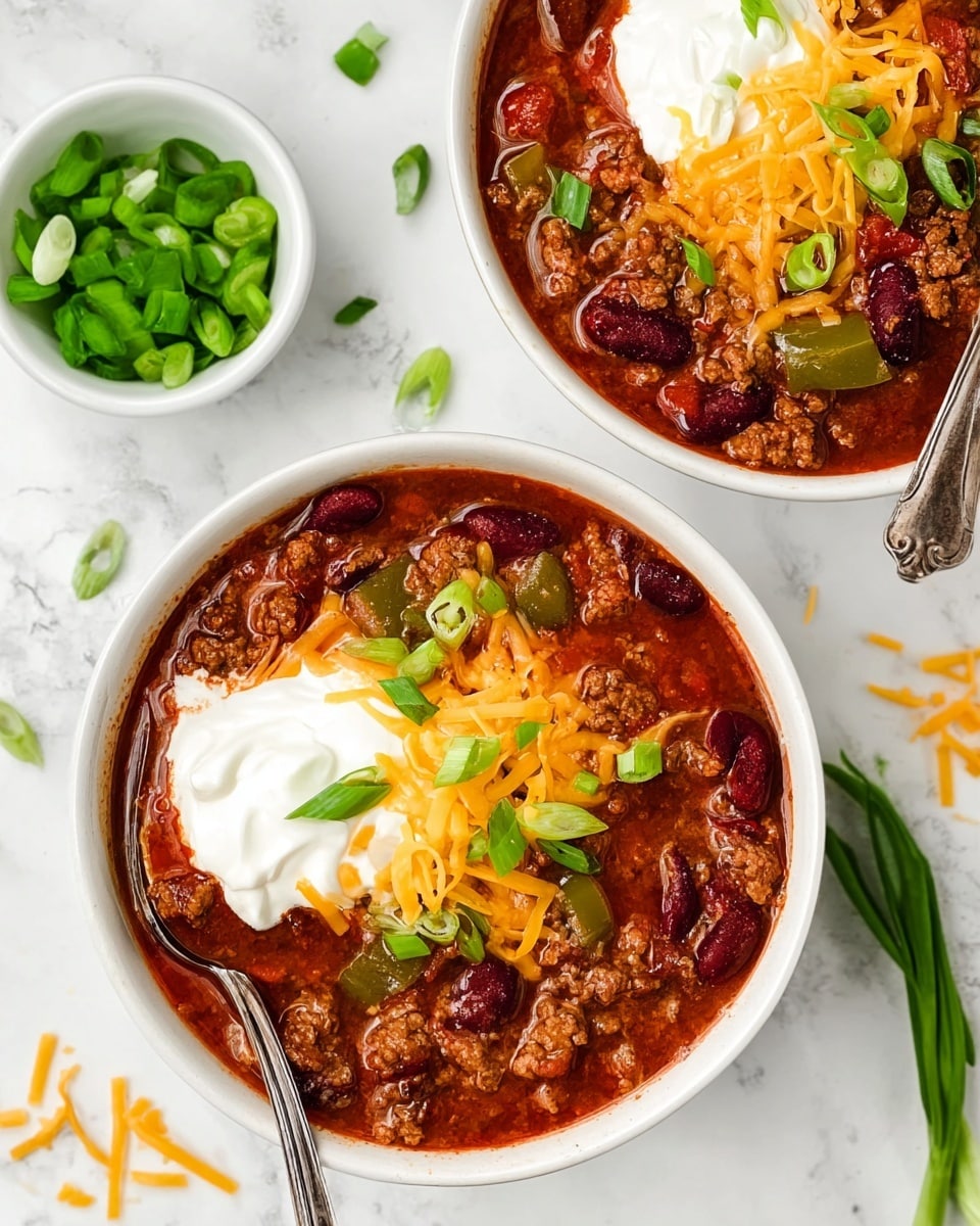 Two white bowls of chili sit on a white marbled surface, filled with thick reddish-brown chili containing ground meat, dark red kidney beans, and visible chunks of green pepper and tomato. Each bowl is topped with a generous scoop of white sour cream, sprinkled with bright orange shredded cheddar cheese and fresh green sliced scallions. A silver spoon rests in the chili bowl closer to the viewer. Nearby is a small white bowl filled with chopped green scallions, and some scattered green slices and cheddar shreds lie around on the surface. photo taken with an iphone --ar 4:5 --v 7