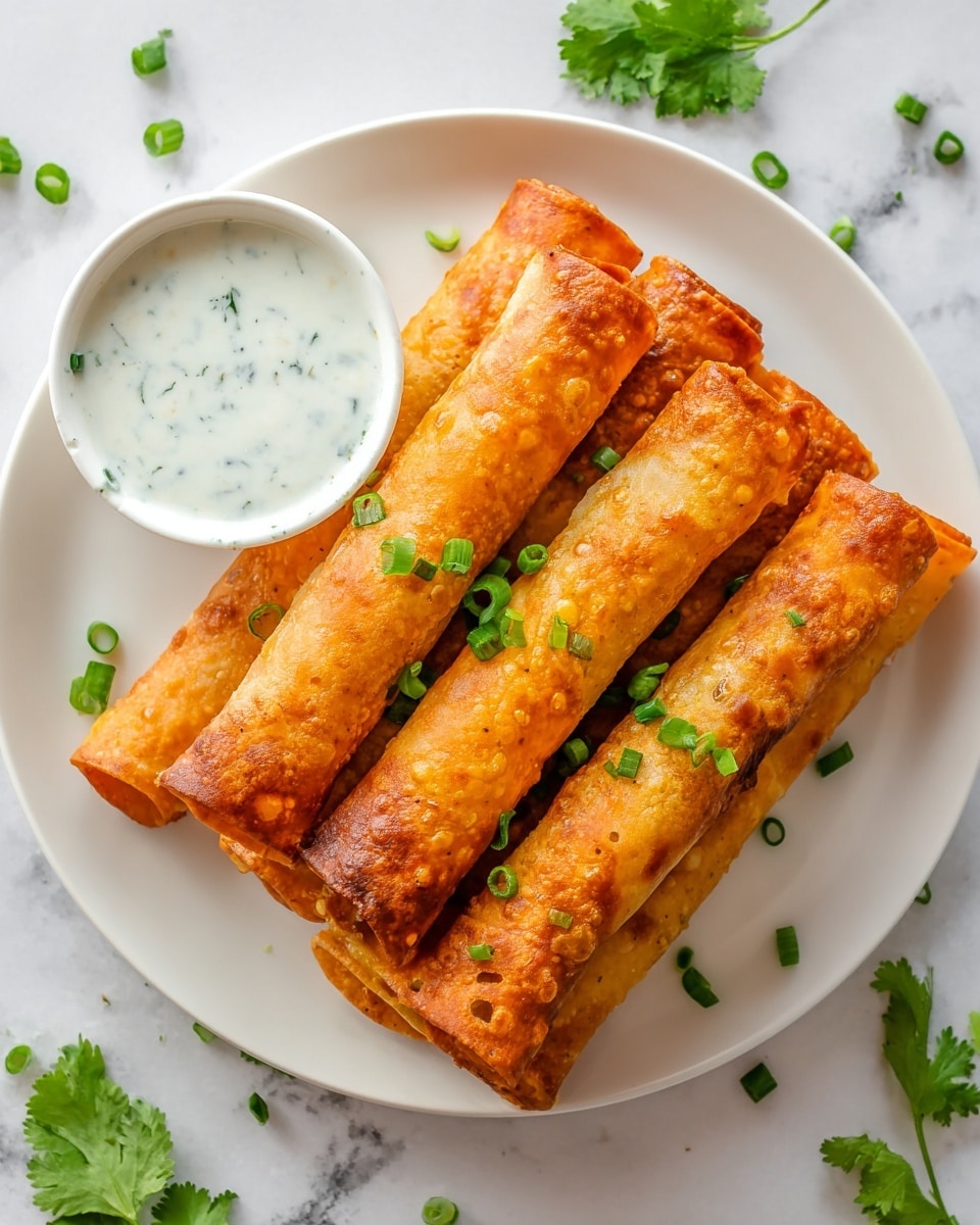 The image shows a round white plate holding six crispy golden-brown rolled taquitos, arranged close together and sprinkled with small bright green chopped scallions on top and around. On the side of the plate, there is a small white bowl filled with a creamy white dipping sauce flecked with tiny green herbs. The plate is placed on a white marbled surface with scattered pieces of scallions and fresh green cilantro leaves adding color around it. photo taken with an iphone --ar 4:5 --v 7