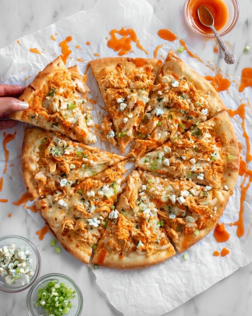 A round pizza sliced into eight pieces sits on white paper over a white marbled surface, with a golden-brown crust. The pizza has a few layers starting with a light orange sauce spread all over, topped with shredded chicken pieces mixed with melted white cheese covering most of the surface. Small green chopped scallions are scattered on top along with white crumbles, likely blue cheese. Bright orange hot sauce is drizzled irregularly across the pizza and the surrounding paper, adding a pop of color. Two small clear bowls sit next to the pizza, one with more chopped scallions and the other with white cheese crumbles. A spoon with some sauce rests nearby, and a woman's hand is about to grab a slice. Photo taken with an iphone --ar 4:5 --v 7