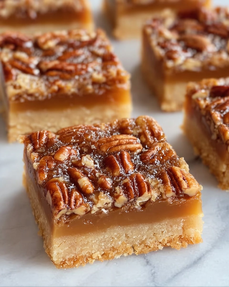 The image shows a square dessert bar with three distinct layers. The bottom layer is a light golden crumbly crust. The middle layer is a smooth, slightly translucent caramel filling that looks sticky. The top layer is glossy and dark caramel with whole and halved pecans embedded, creating a textured, nutty surface. The bar is cut cleanly with visible edges, sitting on a white marbled surface. In the background, more bars are partially visible with the same layers and textures, all arranged neatly. photo taken with an iphone --ar 4:5 --v 7