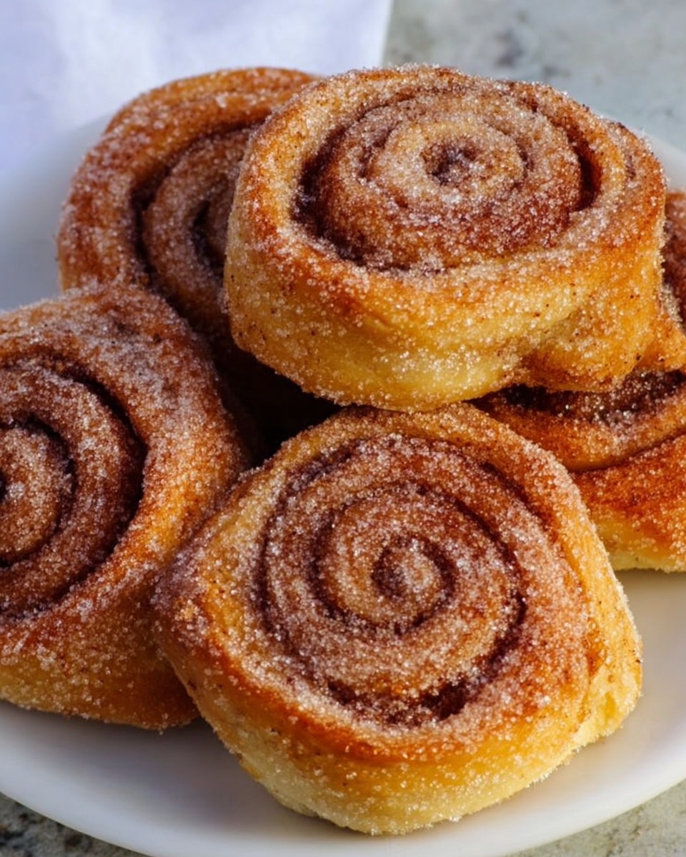 The image shows a close-up of four cinnamon rolls arranged on a white plate, placed on a white marbled surface. Each roll has several visible layers of golden brown dough with a swirl pattern, coated evenly with a layer of granulated sugar that glistens in the light. The texture of the dough appears soft with slightly crisp outer edges, and the cinnamon filling is visible between the layers especially in the center of each roll. The overall look is warm and inviting, with the sugar adding a crunchy texture on top. photo taken with an iphone --ar 4:5 --v 7