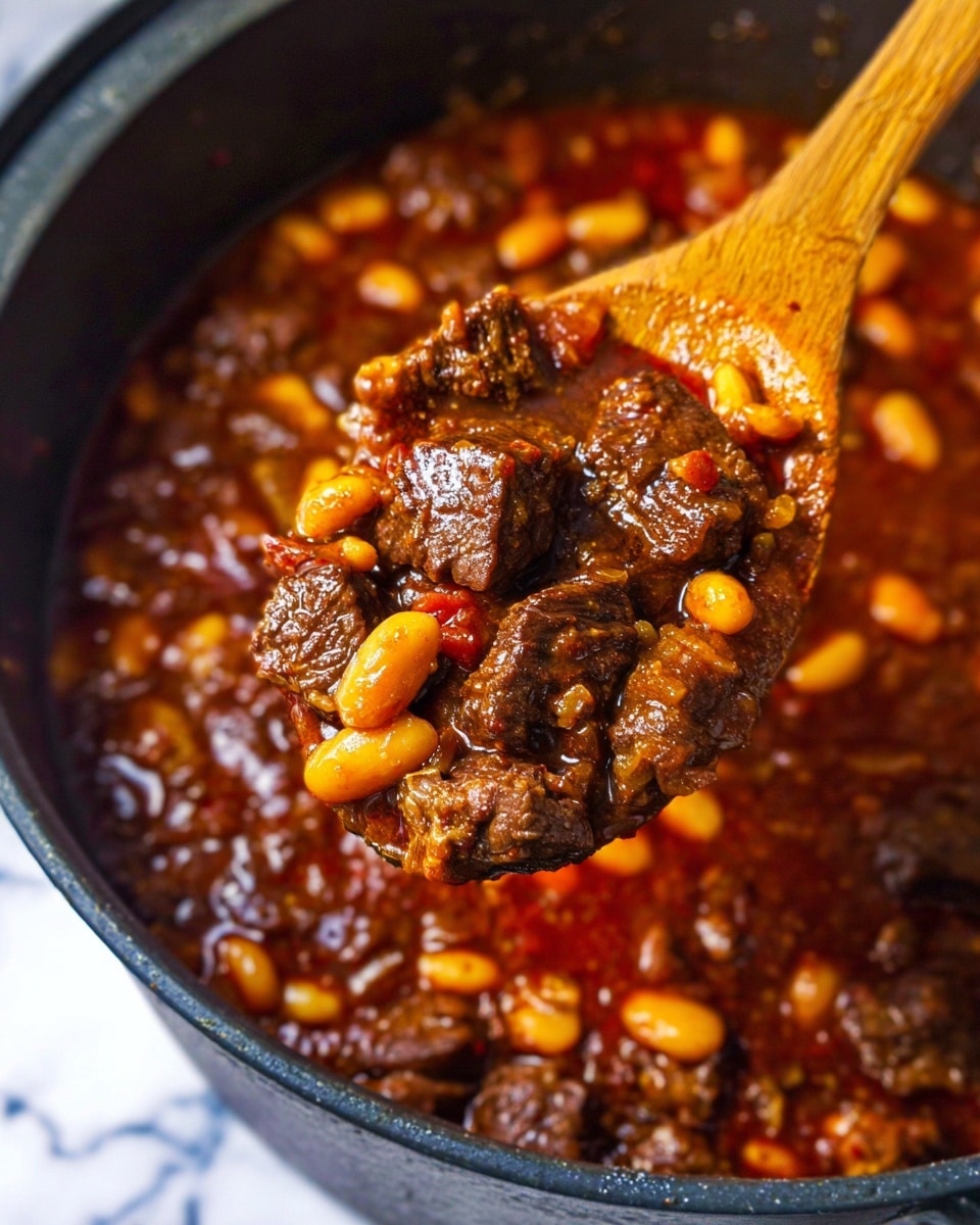 The image shows a close-up of a rich stew in a black pot with chunky pieces of dark brown beef mixed with bright yellow beans and small bits of tomatoes in a thick, deep red sauce. A wooden spoon lifts a portion of the stew, highlighting the texture of tender meat and glossy beans coated with the shiny, oily sauce. The background is a white marbled surface, emphasizing the warm colors of the stew. photo taken with an iphone --ar 4:5 --v 7