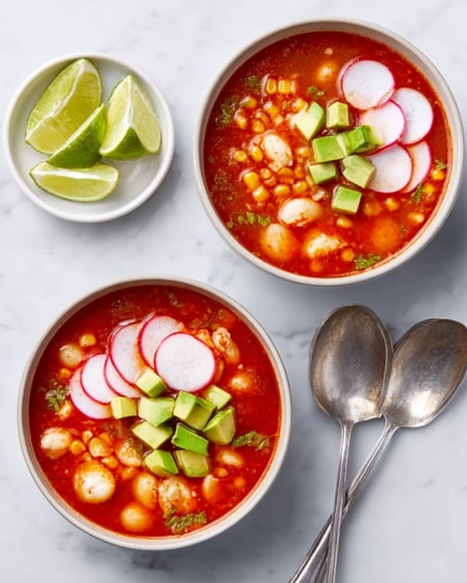Two white bowls filled with a rich, red soup containing visible white corn kernels and small pieces of seafood, like shrimp or clams. The soup is topped with thin slices of red radish arranged in a circle and small cubes of bright green avocado in the center. Each bowl is placed on a white marbled surface with two shiny silver spoons next to them. A small white bowl with lime wedges sits in the top left corner. The colors are bright and fresh, with the red soup contrasting with the white bowls and the light green of the avocado. Photo taken with an iphone --ar 4:5 --v 7