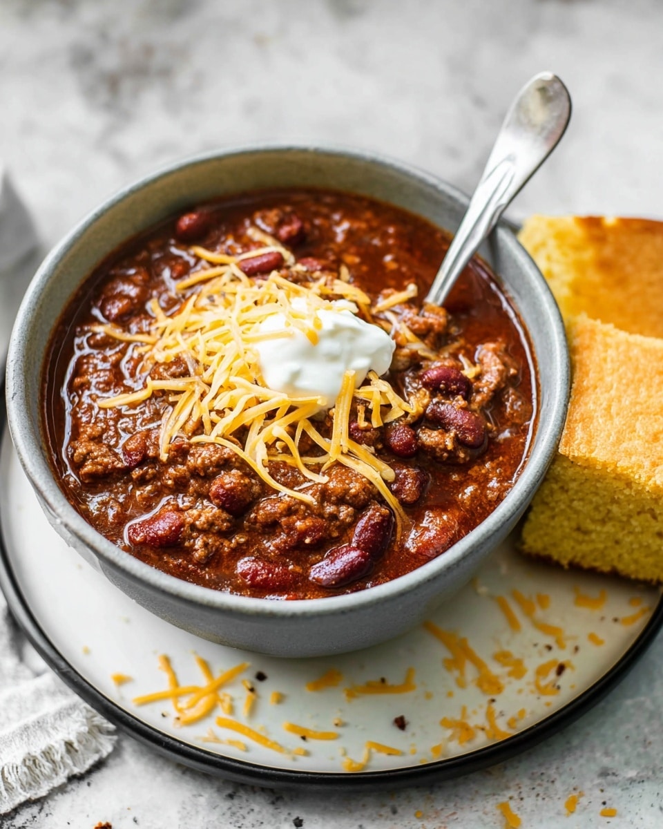 Two white bowls with a thin blue rim hold thick chili, rich brown with visible beans and chunks of ground meat, filling each bowl almost to the edge. On top of the chili, a generous layer of bright orange shredded cheese is scattered, followed by a dollop of smooth, white sour cream placed slightly off-center. Fresh green sliced scallions lightly cover part of the cheese and sour cream, adding a fresh pop of color. Around the bowls, saltine crackers are casually placed on a white marbled surface, along with a white cloth with red stripes on the side. photo taken with an iphone --ar 4:5 --v 7