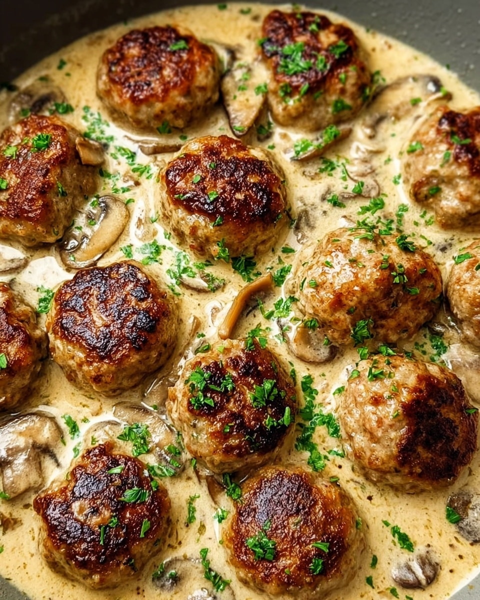 A close-up view of about fifteen browned meatballs with a crispy, golden-brown crust on top, sitting in a thick, creamy light beige sauce with visible chunks of sliced mushrooms mixed in. The sauce has a smooth texture and is dotted with bright green chopped herbs scattered evenly over the meatballs and sauce. The whole dish is shown inside a pan, against a white marbled texture background. photo taken with an iphone --ar 4:5 --v 7