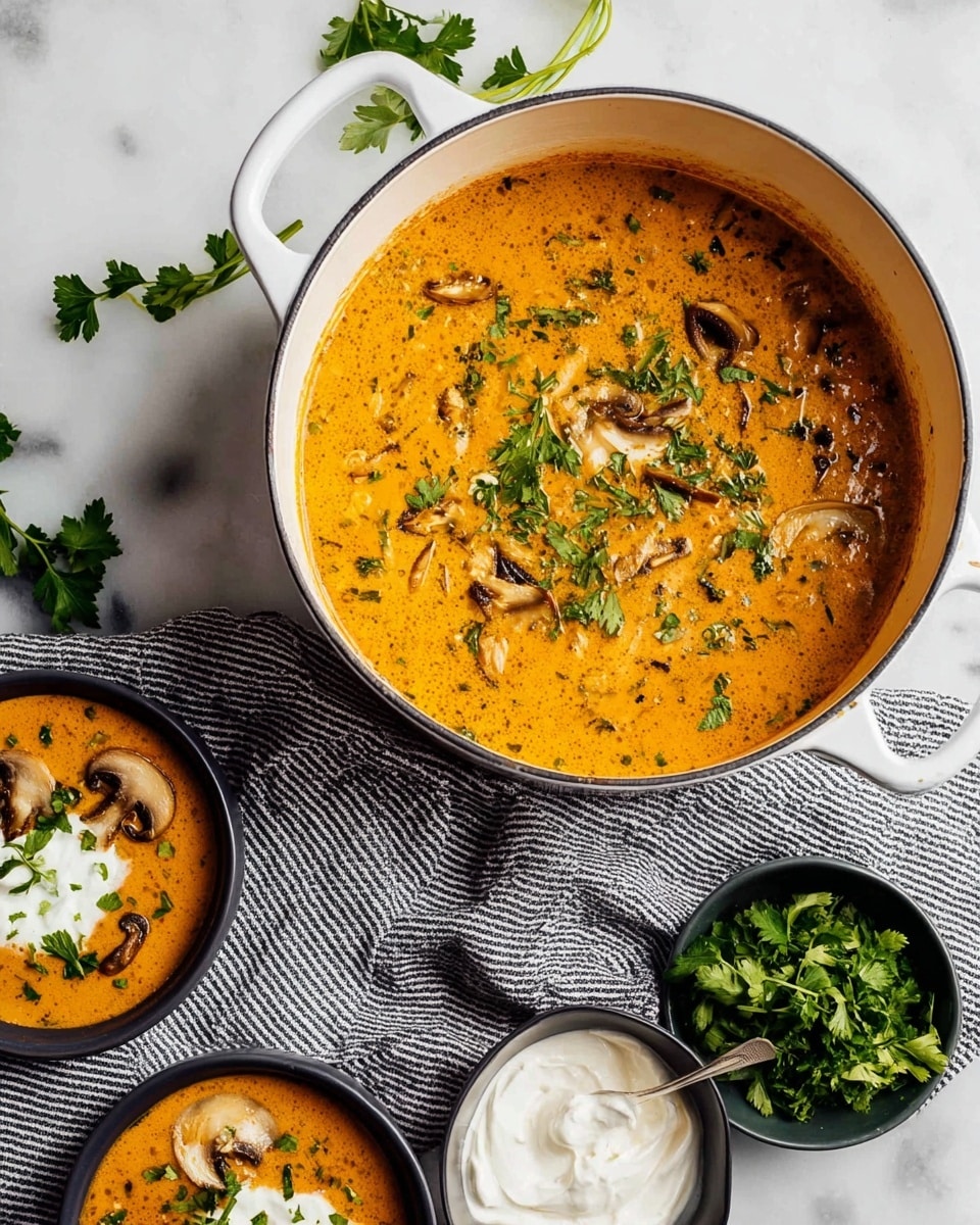 A large white pot filled with creamy orange soup with visible slices of mushrooms and herbs on top, scattered fresh green parsley leaves adding a pop of color, placed on a white marbled surface with a gray striped cloth underneath. Two small black bowls nearby each hold some of the same soup, each garnished with mushroom slices, herbs, and a dollop of white cream. To the left, there is a small white bowl filled with white cream, and to the right, a white bowl with fresh green herbs. The whole setting is bright and clean. photo taken with an iphone --ar 4:5 --v 7