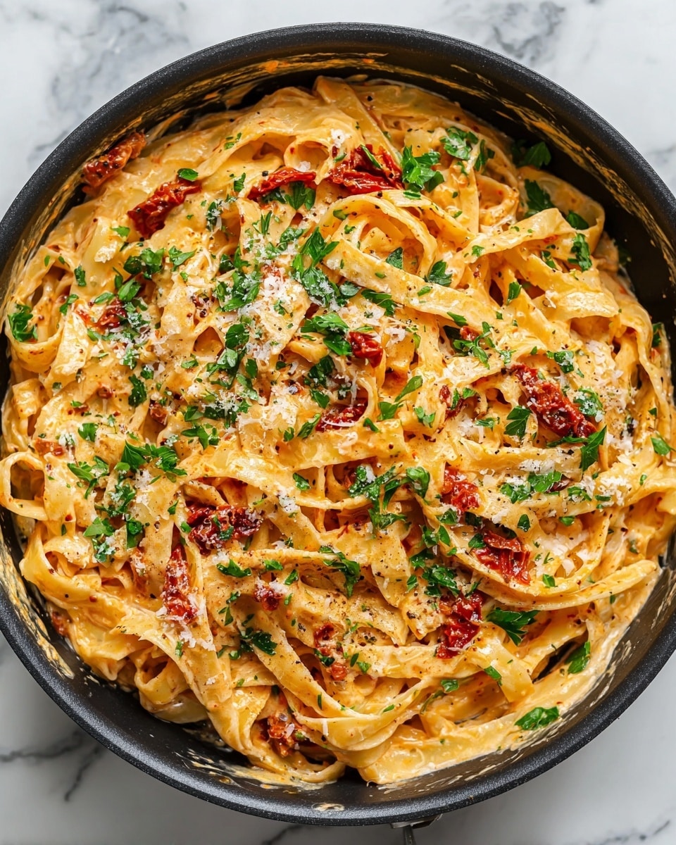 A close-up of a black pan filled with a creamy orange pasta dish with visible meat pieces mixed in, topped with a layer of white grated cheese and scattered fresh green parsley leaves on top. The pasta strands are thick and coated evenly with the sauce, showing a rich, smooth texture. The background is a white marbled surface with some parsley leaves placed around the pan, adding a fresh touch. Photo taken with an iphone --ar 4:5 --v 7