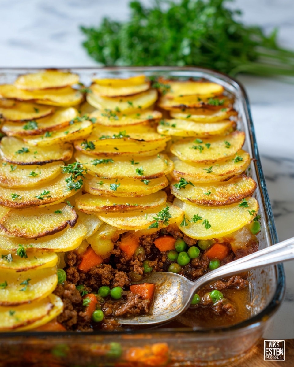 A rectangular glass baking dish shows a layered casserole with two visible layers: the top layer has golden yellow, thinly sliced roasted potatoes with slightly crispy edges, sprinkled with small green parsley leaves, arranged to slightly overlap each other in a neat pattern. The bottom layer reveals cooked ground beef mixed with small bright orange carrot cubes and green peas in a brown sauce, with a metal spoon resting inside the dish near the corner. Fresh green parsley is out of focus in the background on a white marbled surface. photo taken with an iphone --ar 4:5 --v 7