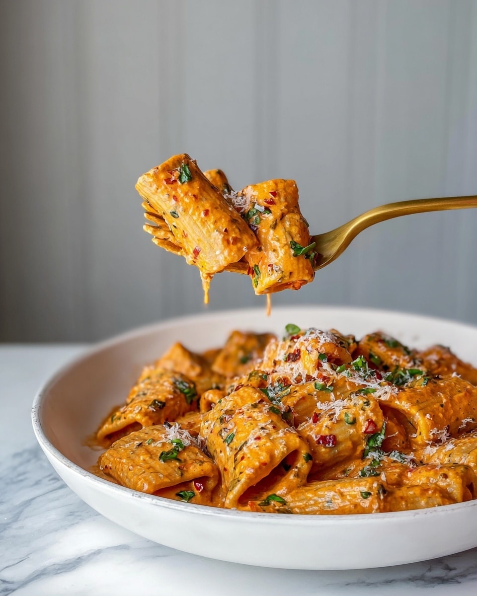 A white bowl filled with creamy orange pasta coated in a rich sauce, sprinkled with green herbs and tiny bits of red chili flakes and grated cheese; rigatoni pasta tubes are thick and smooth, with the sauce clinging well to each piece. A golden fork is lifting a small bundle of four rigatoni tubes covered in the sauce, showing their textured surface and fresh green herb pieces. The scene is set on a white marbled surface with a soft gray wall in the background, giving a clean and bright look. photo taken with an iphone --ar 4:5 --v 7