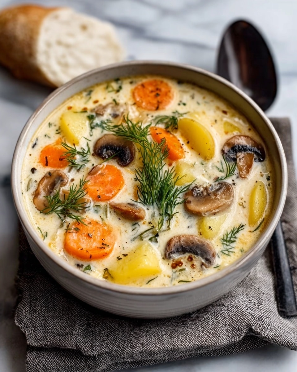 The image shows a white bowl filled with creamy soup that has three visible layers: the creamy white base with a smooth texture, floating slices of orange carrots and yellow potatoes, and scattered brown mushrooms with a soft texture. Fresh green dill sprigs are placed on top in the center, adding a pop of color. The bowl sits on a gray cloth over a white marbled surface, with a white piece of bread in the background and a dark spoon placed next to the bowl. photo taken with an iphone --ar 4:5 --v 7