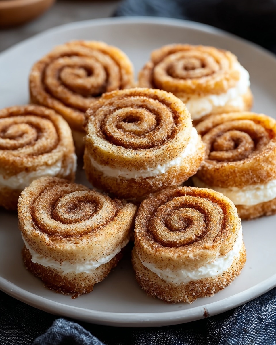 Seven small cinnamon roll cakes are arranged closely on a white plate, each with two visible layers: a light brown cinnamon sugar spiral cake layer on top and bottom, and a thick middle layer of white cream filling. The cinnamon sugar layer looks soft and slightly grainy with a golden-brown color and a dusting of cinnamon. The rolls have a round shape with tight, even spirals. The plate rests on a white marbled surface with a dark fabric partially visible underneath. Photo taken with an iphone --ar 4:5 --v 7