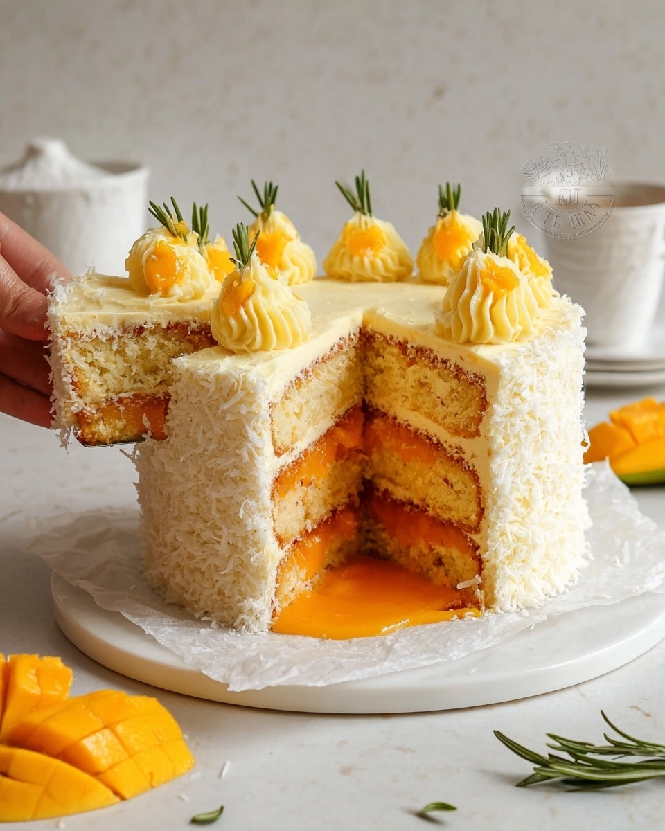 A slice of three-layer light orange cake is placed on a white scalloped plate. The cake layers show a soft crumb texture with some orange-colored spots and have creamy white frosting between each layer and on the outside. Bright orange sauce is drizzled over the cake slice, adding a glossy touch. On the side of the plate, there is a swirl of creamy frosting with a small sprig of green herb next to it. A golden fork rests on the plate's edge. In the background, the whole cake covered with white frosting and sprinkled with shredded coconut is partially visible on a white marbled surface. Nearby, there are fresh mango cubes, a lime half, and a container of orange sauce. The scene is softly lit, emphasizing the creamy textures and fresh ingredients. Photo taken with an iphone --ar 4:5 --v 7