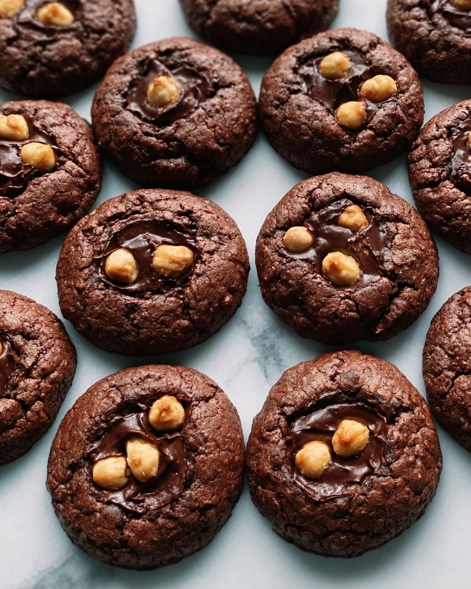 The image shows a batch of round, dark brown chocolate cookies arranged in rows on a white marbled surface. Each cookie has a shiny, cracked texture on top, with several golden-brown hazelnut pieces scattered and slightly pressed into the center of each cookie. The cookies are evenly spaced, with their rich chocolate color contrasting against the lighter white marbled background. photo taken with an iphone --ar 4:5 --v 7
