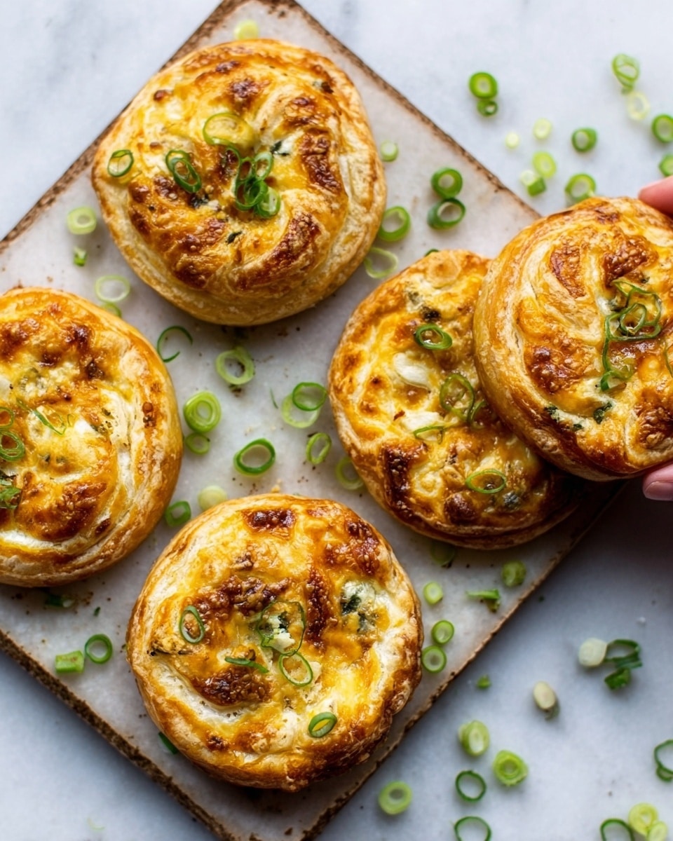 The image shows five round savory pastries with a golden-brown crust on top, each having visible layers of light cream and slightly darker baked dough. The pastries are arranged on a white marbled surface with scattered thin green onion rings adding a fresh pop of color around them. The pastries have a slightly rough texture with some browned spots on the crust, indicating a crispy finish. A woman's hand is reaching towards one of the pastries in the top right corner. photo taken with an iphone --ar 4:5 --v 7