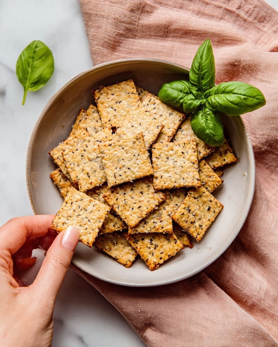 A white bowl filled with a single layer of small, square crackers that are light brown and speckled with seeds or herbs. The crackers have a rough texture and are stacked lightly overlapping each other. On the right side of the bowl, fresh green basil leaves rest beside the crackers, adding a pop of color. A woman's hand is reaching into the lower left corner, grabbing one cracker. The bowl is placed on a soft, light pink cloth napkin, and the background is a white marbled surface. Photo taken with an iphone --ar 4:5 --v 7