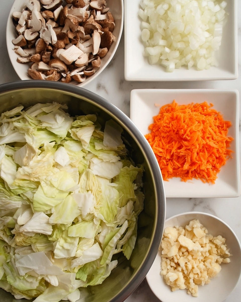 A close-up image showing chopped vegetables prepared for cooking, set on a white marbled surface. In the foreground, a large shiny metal bowl is filled with roughly chopped pale green and white cabbage leaves. Around it, there are four white dishes holding different chopped ingredients: a square plate with small white onion pieces on the right, a small round dish with minced light beige garlic cloves at the bottom right, a square plate of finely chopped brown and white mushrooms on the top left, and a round bowl of finely shredded bright orange carrots on the top right. All the chopped vegetables have a fresh and slightly moist texture, creating a clean and colorful cooking prep scene. Photo taken with an iphone --ar 4:5 --v 7