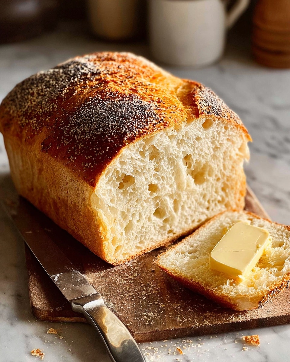 A round loaf of bread with a thick, dark brown crust sprinkled with white seeds is cut in half, showing a soft, light cream inside with an airy texture; it rests on a wooden cutting board scattered with bread crumbs. To the right, there is a small square of pale yellow butter with a smooth surface, placed near a wooden-handled bread knife. A white mug is out of focus in the background, all set on a white marbled texture. Warm sunlight creates soft shadows in the scene. photo taken with an iphone --ar 4:5 --v 7