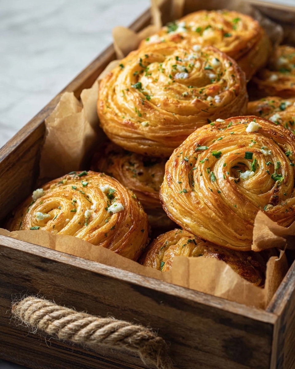 The image shows a close-up of a golden, flaky pastry muffin with a swirl pattern, stacked with one half placed on top of another whole muffin. The top pastry half reveals multiple soft, thin layers with a bright orange cheese filling inside, and small green herb bits scattered on the surface. The muffins have a slightly browned and crisp outer texture while showing a soft, cheesy, and layered interior. The background is a white marbled texture with more muffins blurred out behind the main focus. Photo taken with an iphone --ar 4:5 --v 7