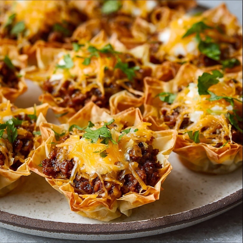 A tray of small, golden-brown crispy phyllo pastry cups are filled with three distinctive layers: the bottom layer is a dark, chunky, saucy ground meat mixture, topped with a layer of melted shredded cheese in a blend of bright orange and white tones, and finished with a sprinkling of fresh, green chopped herbs scattered on top. The edges of the pastry cups are crinkled and slightly browned, contrasting with the glossy, hearty filling and the vibrant fresh garnish. photo taken with an iphone --v 7.0