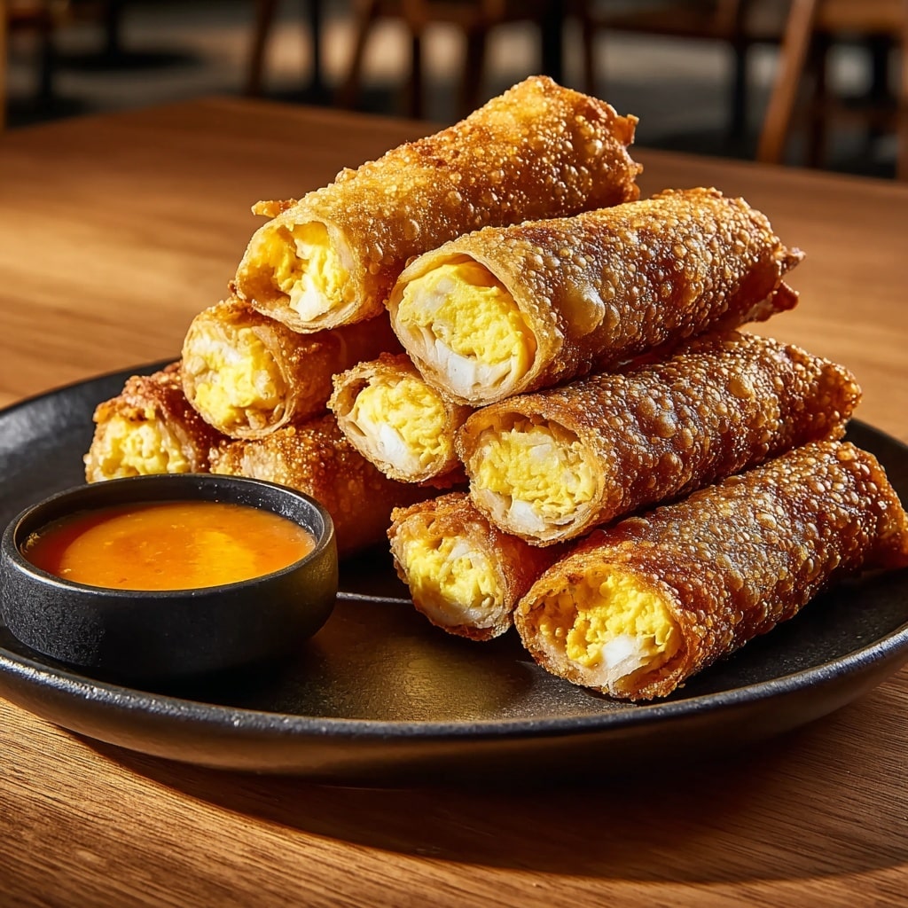 A plate displays a stack of golden-brown, crispy egg rolls arranged neatly, with their textured, bubbled surfaces glistening under warm lighting. Each roll is cut open at one end to reveal a soft, yellow scrambled egg filling surrounded by a thin, white wrapper layer just beneath the crispy exterior. The rolls are thoughtfully stacked on a dark round ceramic plate, and a small black bowl filled with orange dipping sauce is positioned alongside, all resting on a smooth wooden table. photo taken with an iphone --v 7.0
