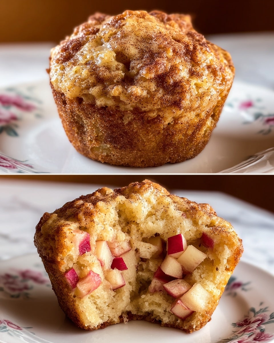 The image shows two apple muffins placed on a white plate with a floral rim, set on a white marbled surface. The muffins have a golden-brown, slightly crispy top sprinkled with cinnamon, adding a textured, speckled look. One muffin is whole, showing its rounded, slightly cracked top, while the other is cut in half, revealing the soft, moist, light beige crumb inside. The inside layer has small, diced pieces of fresh apple with red skin, scattered evenly throughout the muffin, creating a contrast of pale yellow dough and red apple bits. Photo taken with an iphone --ar 4:5 --v 7