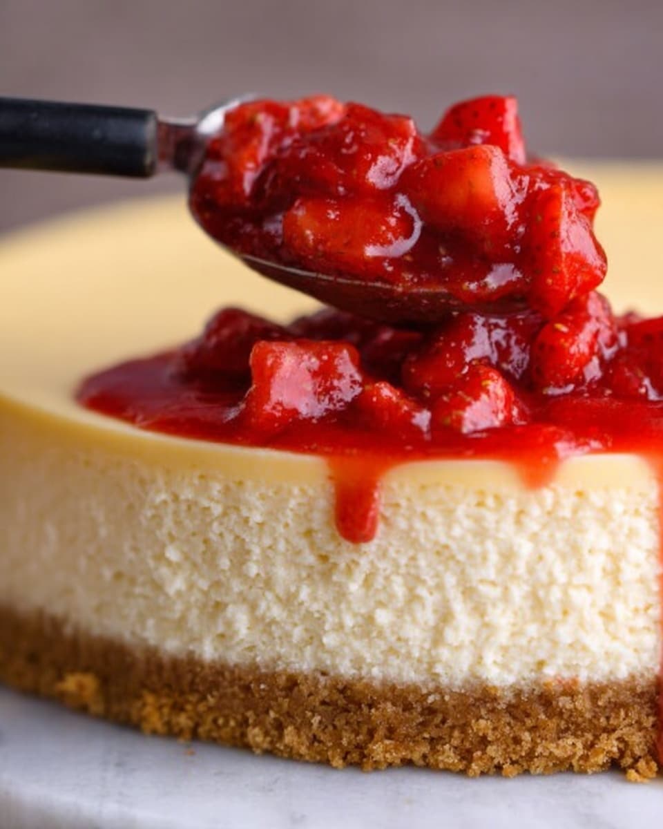 A close-up image of a two-layer cheesecake on a white marbled surface, showing a thick, crumbly light brown crust as the bottom layer and a smooth, creamy pale yellow cheesecake layer on top. A spoon is scooping bright red, chunky strawberry topping onto the cheesecake, with pieces of whole strawberries visible in the glossy red syrup. The spoon is just above the cheesecake, adding texture and color contrast to the dessert. Photo taken with an iphone --ar 4:5 --v 7