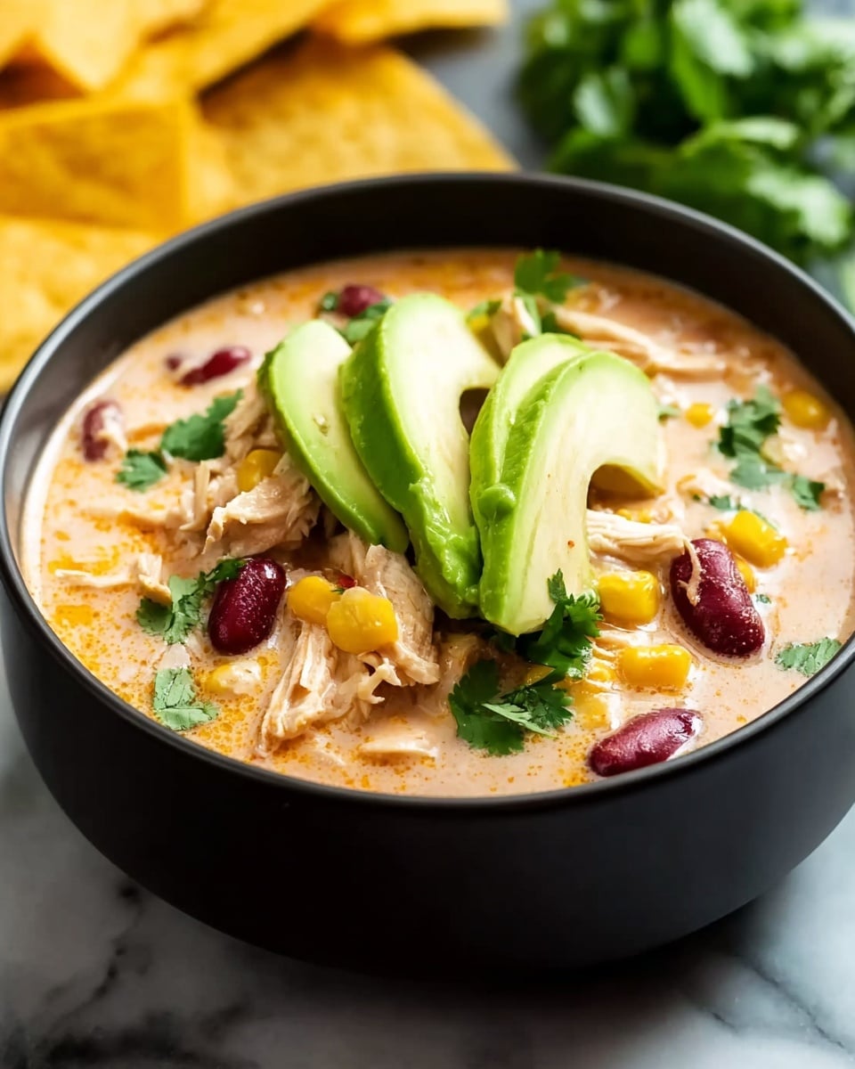 The image shows a black bowl filled with creamy chicken chili. Inside the bowl, there are three layers: the bottom layer is a thick light orange creamy soup with visible red kidney beans and yellow corn kernels mixed in, the middle layer features light shredded chicken pieces scattered across the surface, and the top layer is made up of three bright green avocado slices neatly fanned out on one side, with fresh green cilantro leaves sprinkled around. The bowl sits on a white marbled surface with some yellow tortilla chips blurred in the background. Photo taken with an iphone --ar 4:5 --v 7