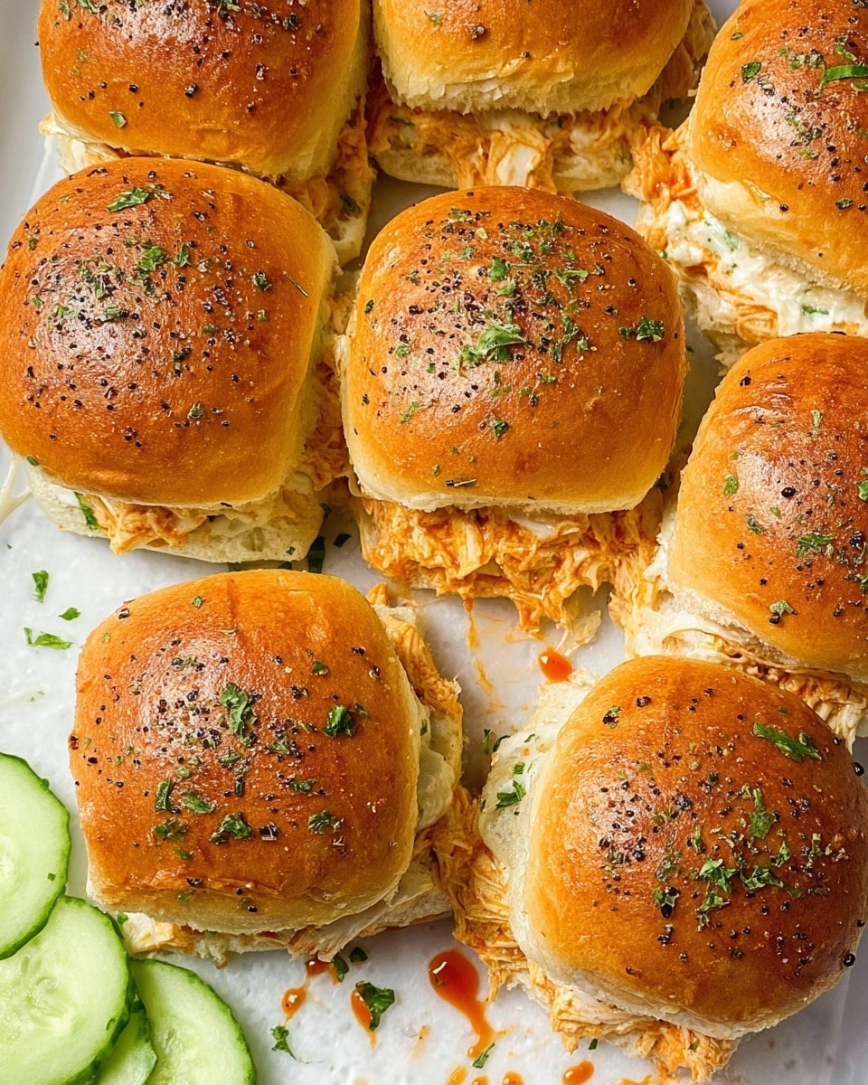 The image shows seven golden brown sandwich sliders placed closely together on a white marbled surface with a slight shine. Each slider has a soft, glossy top bun sprinkled with finely chopped green herbs and black pepper, creating a textured look. The buns are slightly shiny, showing a light glaze. Between the buns, there is a visible layer of melted white cheese and shredded chicken mixed with a reddish-orange sauce, which oozes slightly in some parts. Scattered around the sliders are more green herb pieces and drops of the reddish sauce, adding color contrast. Slices of fresh green cucumber are partially visible at the lower left corner. Photo taken with an iphone --ar 4:5 --v 7