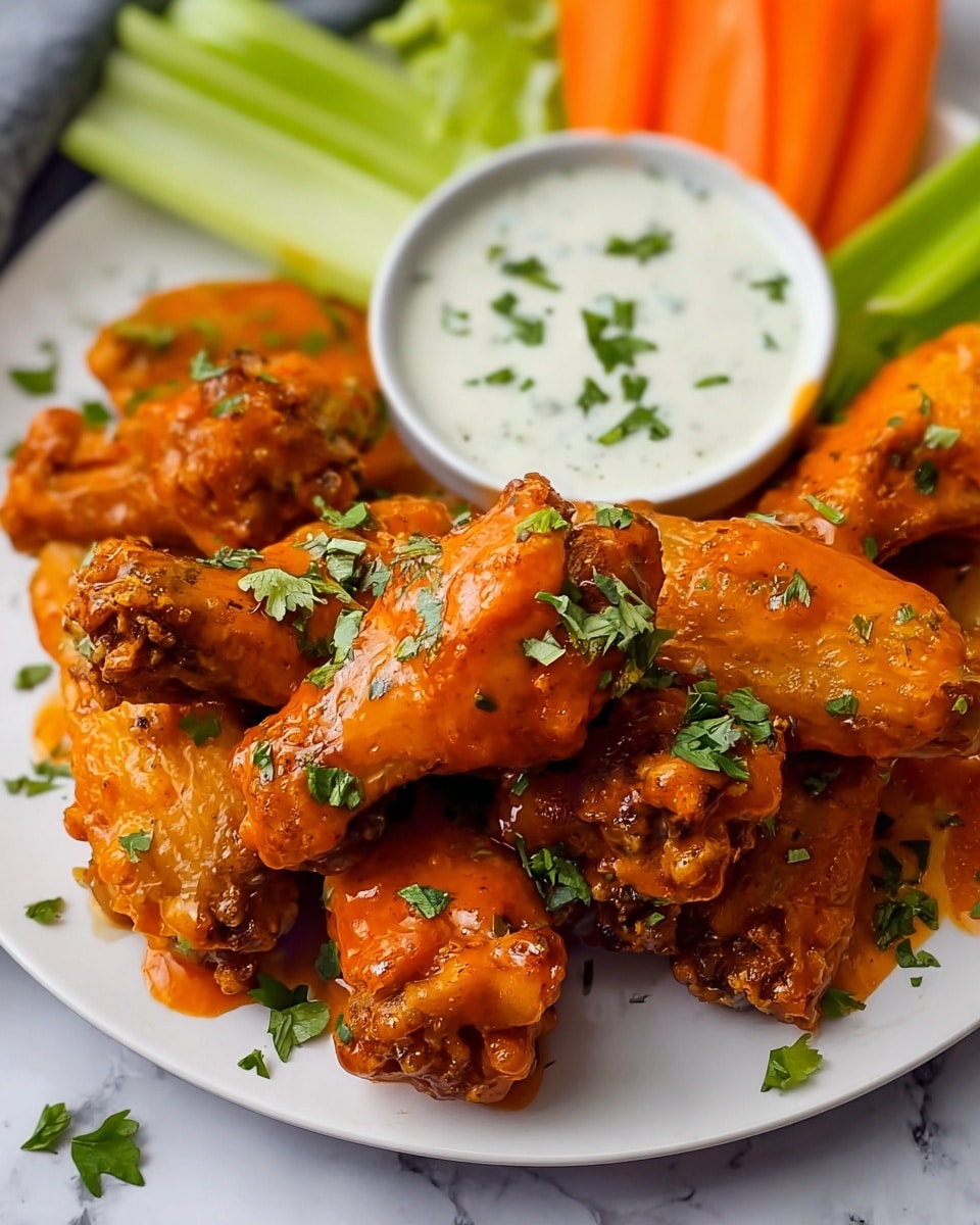 A close-up shows a white plate with crispy orange chicken wings covered in sauce and small green herb pieces on top. The chicken wing held by a woman's hand is dipped into creamy white ranch sauce with green herb sprinkles inside a small bowl. Bright orange carrot sticks are slightly visible at the bottom. The background is a white marbled texture. photo taken with an iphone --ar 4:5 --v 7