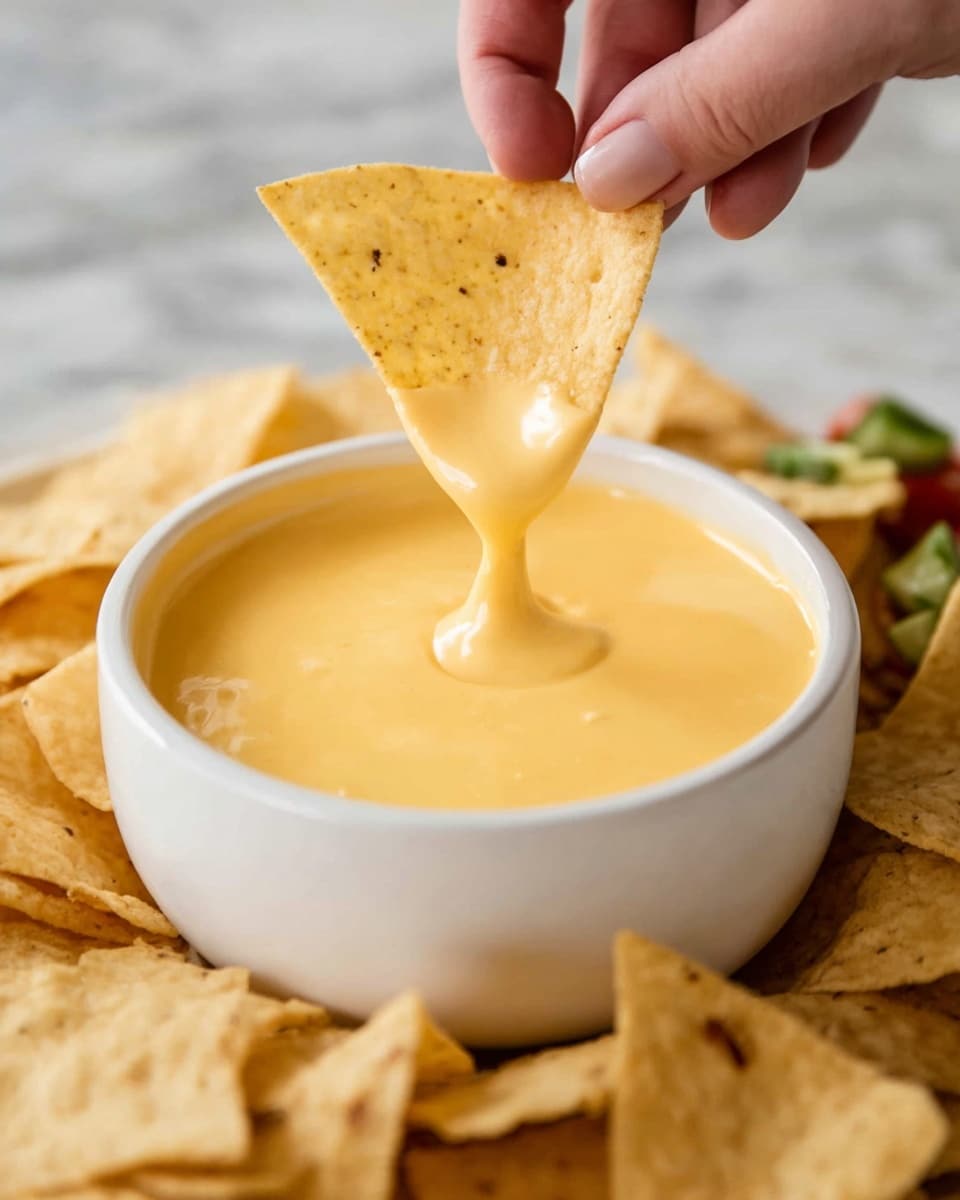 A white round bowl is filled almost to the top with smooth, creamy, golden yellow cheese sauce. A woman's hand is holding a single, light yellow tortilla chip dipping into the sauce, with the cheese sauce slowly dripping from the chip back into the bowl. Around the bowl, many more tortilla chips are spread out, showing a light texture with small darker spots. The whole setup is on a white marbled surface. Photo taken with an iphone --ar 4:5 --v 7