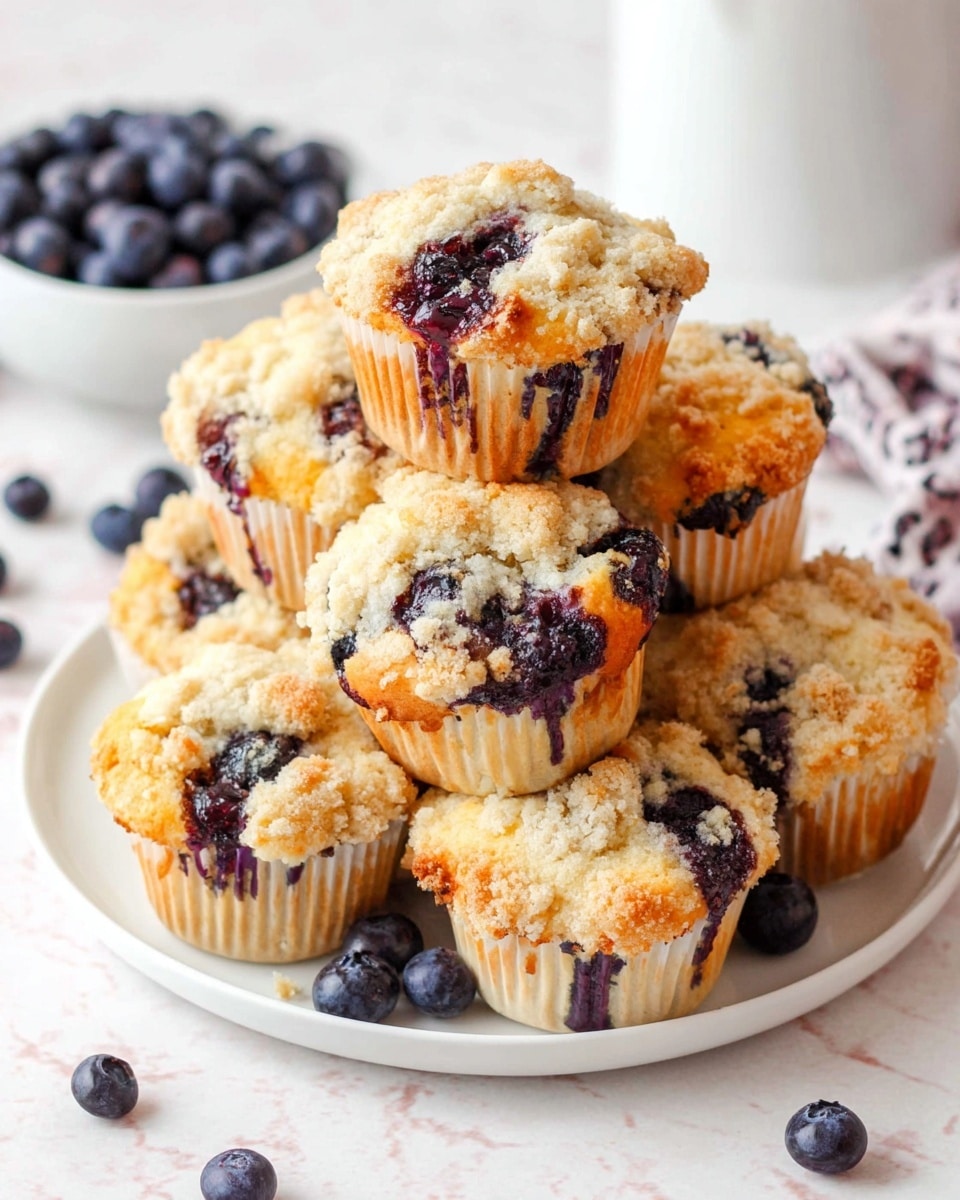 A white plate with a gold rim holds a pile of blueberry muffins topped with crumbly streusel, showing layers of light golden crumb topping with scattered deep blue blueberries embedded within the soft, pale yellow cake. The muffins are arranged in a heap on the plate, which sits on an orange cloth, all set on a white marbled surface with loose blueberries and streusel crumbs scattered around. Nearby, a small white bowl filled with fresh blueberries and two wooden pepper mills add to the scene. Photo taken with an iphone --ar 4:5 --v 7