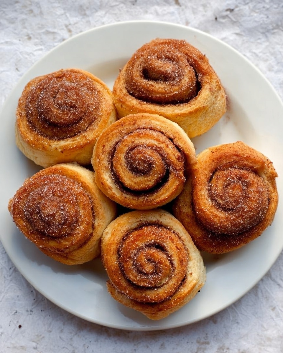 A white plate holds six cinnamon rolls arranged in a circular pattern. Each roll is golden brown with a visible spiral of cinnamon sugar inside, and the tops are covered lightly with sugar crystals, giving a slight sparkle. The rolls have a soft, fluffy texture with slightly darker edges where they are baked. The plate is set on a white marbled texture background. photo taken with an iphone --ar 4:5 --v 7