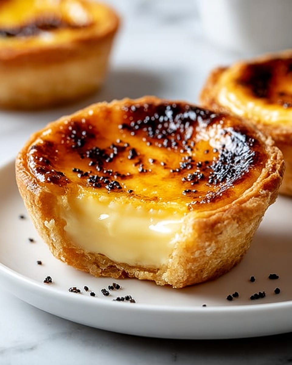A white plate holds seven golden brown Portuguese egg tarts arranged in a circular pattern, each tart showing a smooth, glossy yellow custard center with slightly caramelized, darkened edges on top. The tarts have multiple flaky, light brown layers of pastry crust visible around the sides, giving a textured and crisp look. A woman's hand is gently holding the edge of the plate, and the background features a white marbled surface with a blurred white bowl containing green leaves. photo taken with an iphone --ar 4:5 --v 7