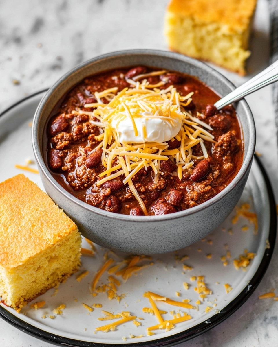 A gray bowl on a white marbled surface is filled with dark brown chili made with ground meat and kidney beans, showing a thick and chunky texture. On top, there is a layer of bright yellow shredded cheddar cheese added in the center, with a small dollop of white sour cream beneath the cheese, slightly melting into the chili. A silver spoon is placed inside the bowl on the upper left side. The corner of a piece of cornbread is visible at the bottom right on the white marbled surface. Photo taken with an iphone --ar 4:5 --v 7