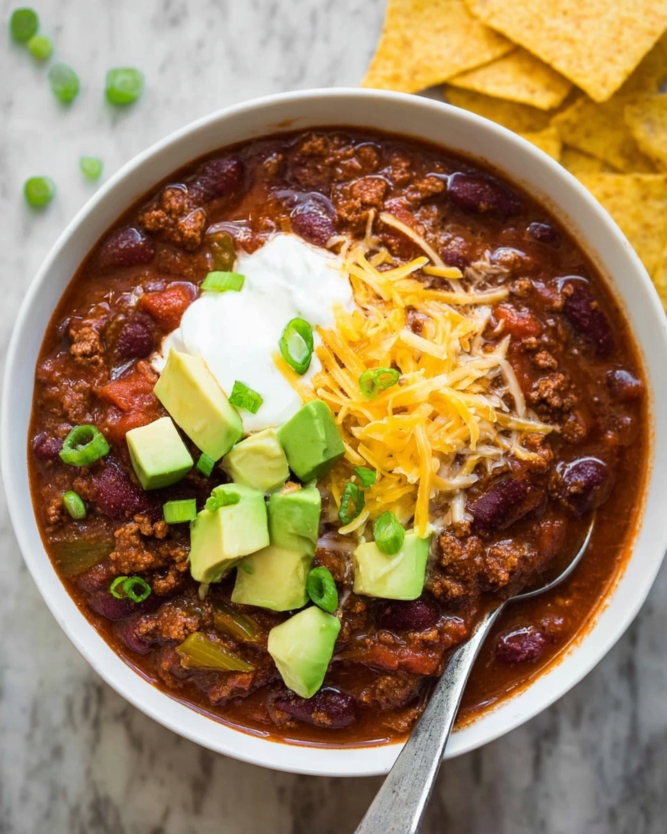 A white bowl filled with three visible layers starts with a thick, dark reddish-brown chili base containing beans and minced meat, topped with a small mound of bright yellow shredded cheddar cheese melting slightly into the chili. On top of the cheese, there is a layer of crispy, curled light tan Fritos chips, and thin slices of green onion are scattered over the entire bowl for color contrast. A gold spoon rests inside the bowl on the right side, partially submerged. The background consists of a white marbled texture with more bowls of chili partly visible around it, and a small clear bowl with extra shredded cheddar cheese to the side. photo taken with an iphone --ar 4:5 --v 7