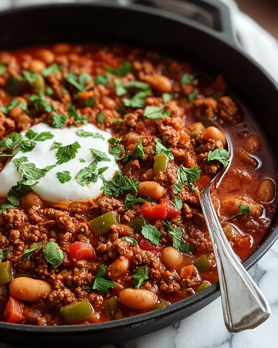 A slow cooker filled with a thick, chunky chili that has a rich, reddish-brown sauce layer with visible pieces of ground meat, dark red kidney beans, black beans, and small tomato chunks throughout, along with a wooden spoon resting inside, partially covered by the chili, all placed on a white marbled surface photo taken with an iphone --ar 4:5 --v 7