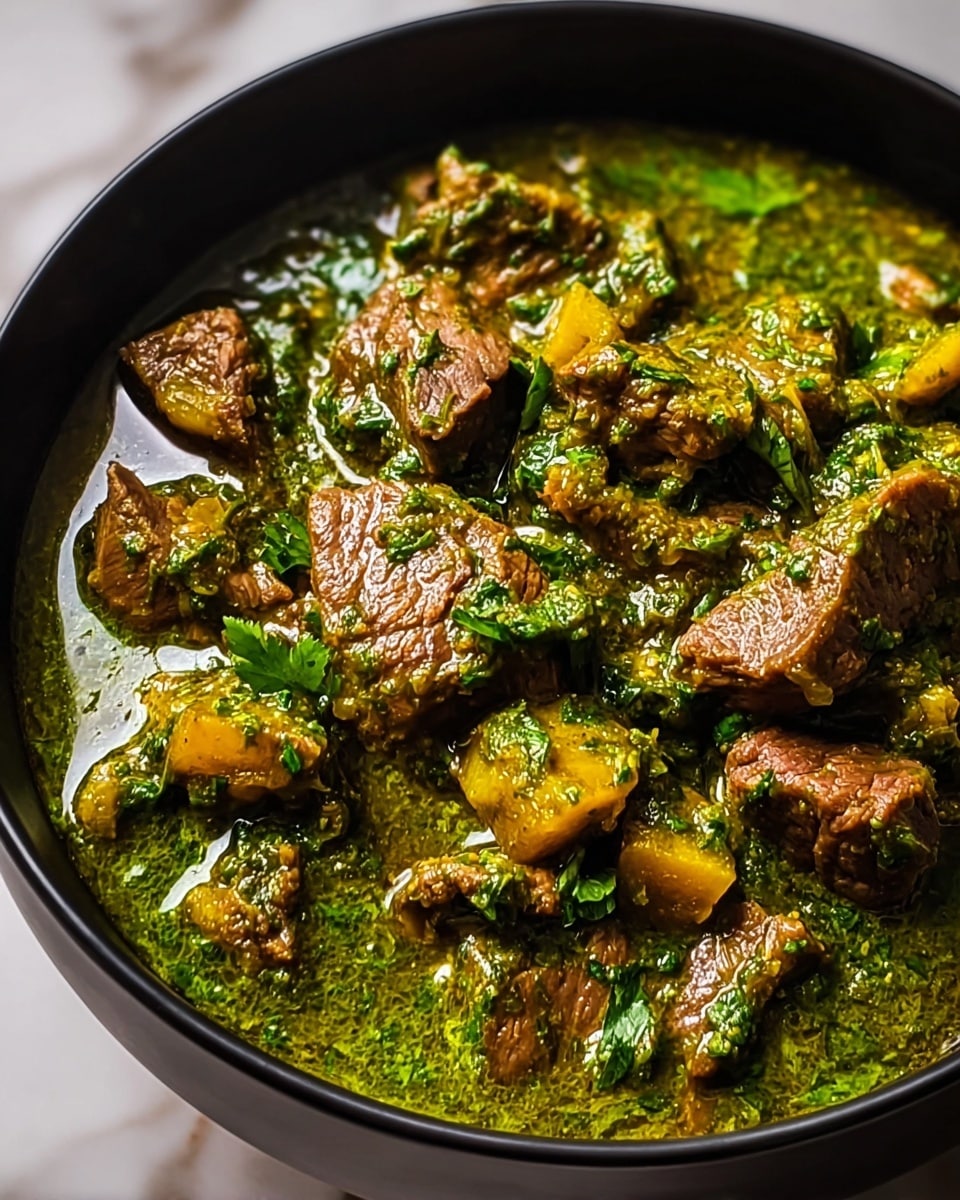 The image shows a close-up of a bowl filled with a green herb sauce stew. The stew has several chunks of browned meat, evenly scattered on top, along with pieces of yellow vegetables. Bright green herbs are mixed through the thick, oily green sauce covering everything. The bowl is black and sitting on a white marbled surface, giving a rich and fresh feel to the dish. Photo taken with an iphone --ar 4:5 --v 7
