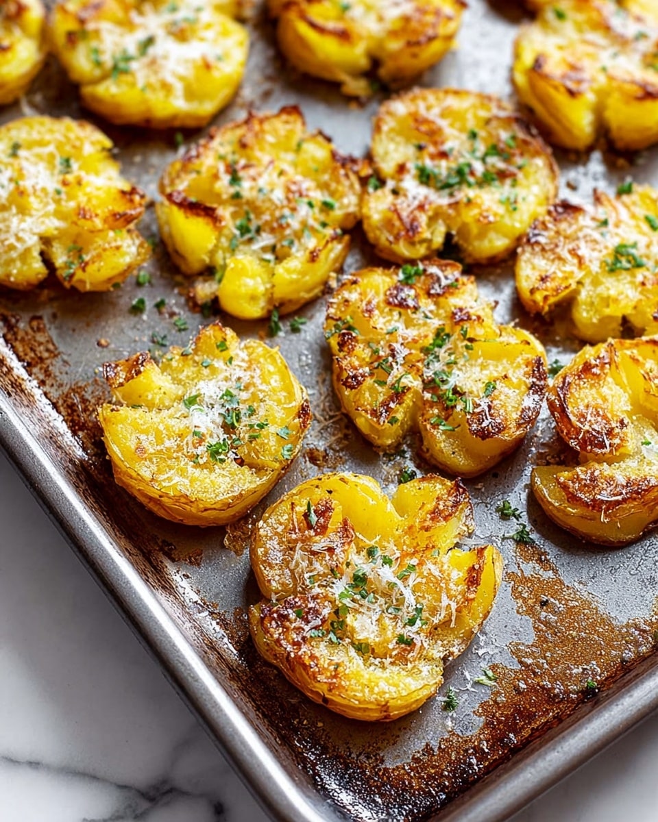 The image shows a baking tray filled with smashed roasted potatoes. Each potato is golden yellow with crisp brown edges, looking crunchy and soft inside. They are topped with a light sprinkling of grated cheese and small bits of green herbs. The baking tray has a slight shine from oil and shows some brown roasted spots. The whole tray is placed on a white marbled surface. photo taken with an iphone --ar 4:5 --v 7