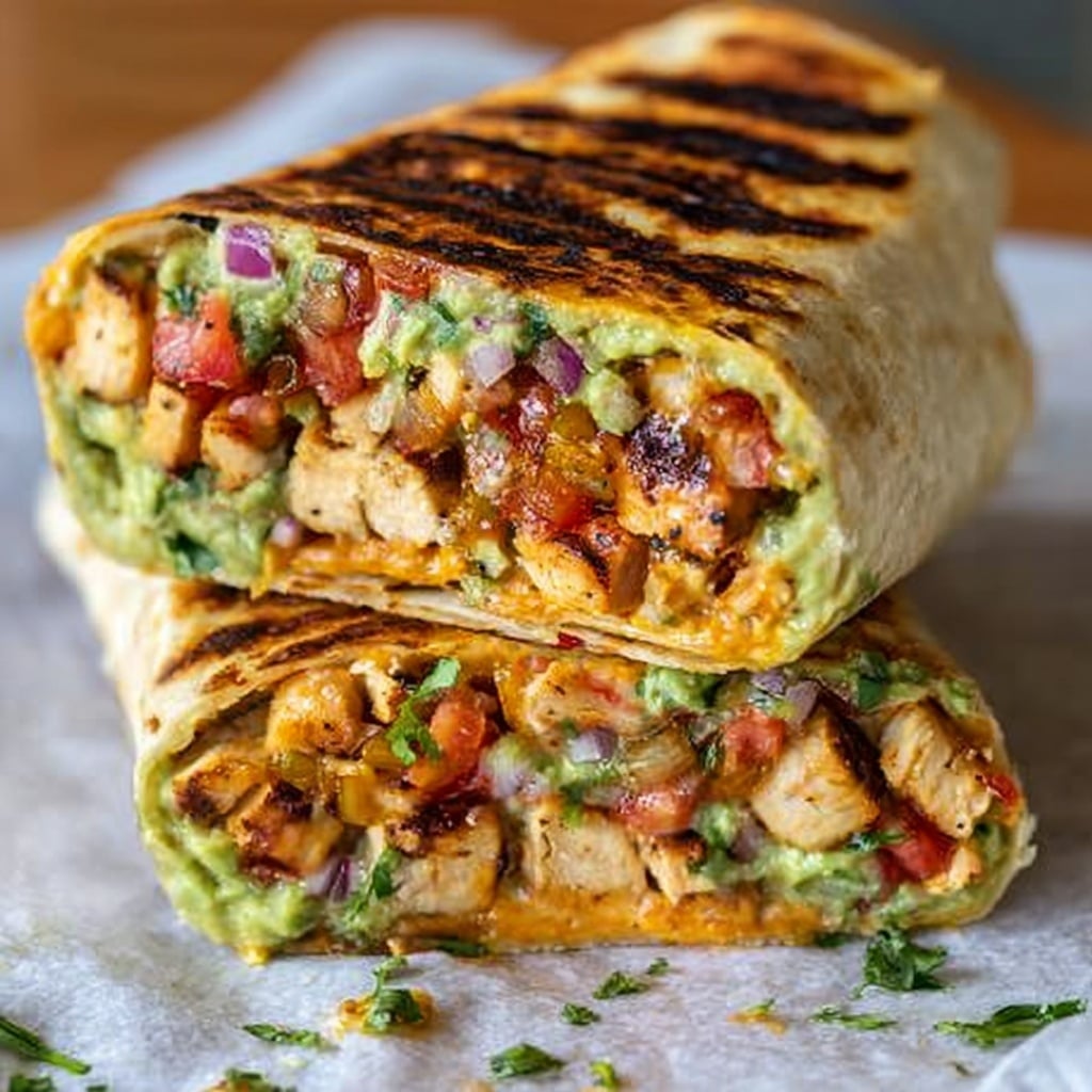 A close-up image shows two grilled wraps cut in half and stacked, revealing multi-layered fillings inside a slightly charred, golden tortilla. The outer layer has a toasty, browned texture, while the inside displays visible layers of diced grilled chicken in orange and white tones, creamy green guacamole, vivid red chopped tomatoes, bits of purple onion, and scattered green herbs. The layers mix but remain distinct, with the creamy and chunky textures contrasting vividly against the toasted wrap. Bits of cilantro are scattered on the white parchment surface beneath the wrap. photo taken with an iphone --v 7.0
