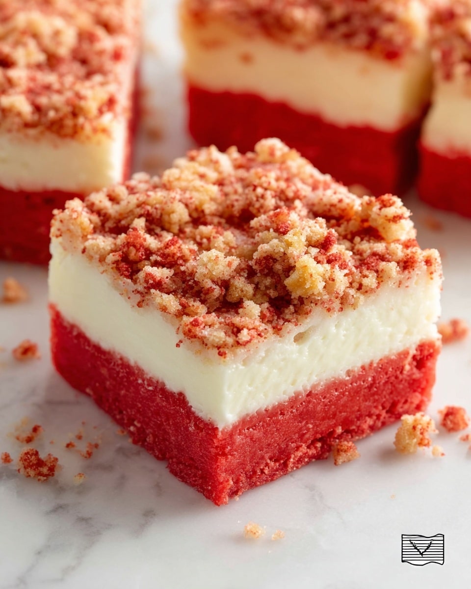 The image shows a close-up view of a three-layered dessert bar. The bottom layer is solid and bright red with a slightly crumbly texture. The middle layer is thick, creamy white, and smooth, creating a clean contrast with the bottom red layer. The top layer consists of a crumbly, rough texture with small chunks, mostly red with some lighter beige crumbs mixed in. The bar is cut into a rectangular shape and is placed on a white marbled surface. Bits of the crumbly topping are scattered around the bar. Photo taken with an iphone --ar 4:5 --v 7