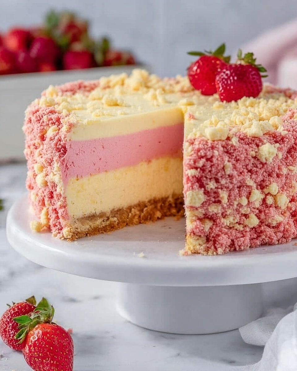A tall round cake covered fully with a bright red crumb coating on the sides and top. The top has eight small swirls of white cream evenly spaced, each topped with a fresh whole strawberry with green leaves. The cake sits on a clear glass cake stand, and there are a few sliced strawberries placed around the base on the white marbled surface. The texture of the red crumbs looks soft and crumbly, while the cream swirls are smooth and firm. Photo taken with an iphone --ar 4:5 --v 7