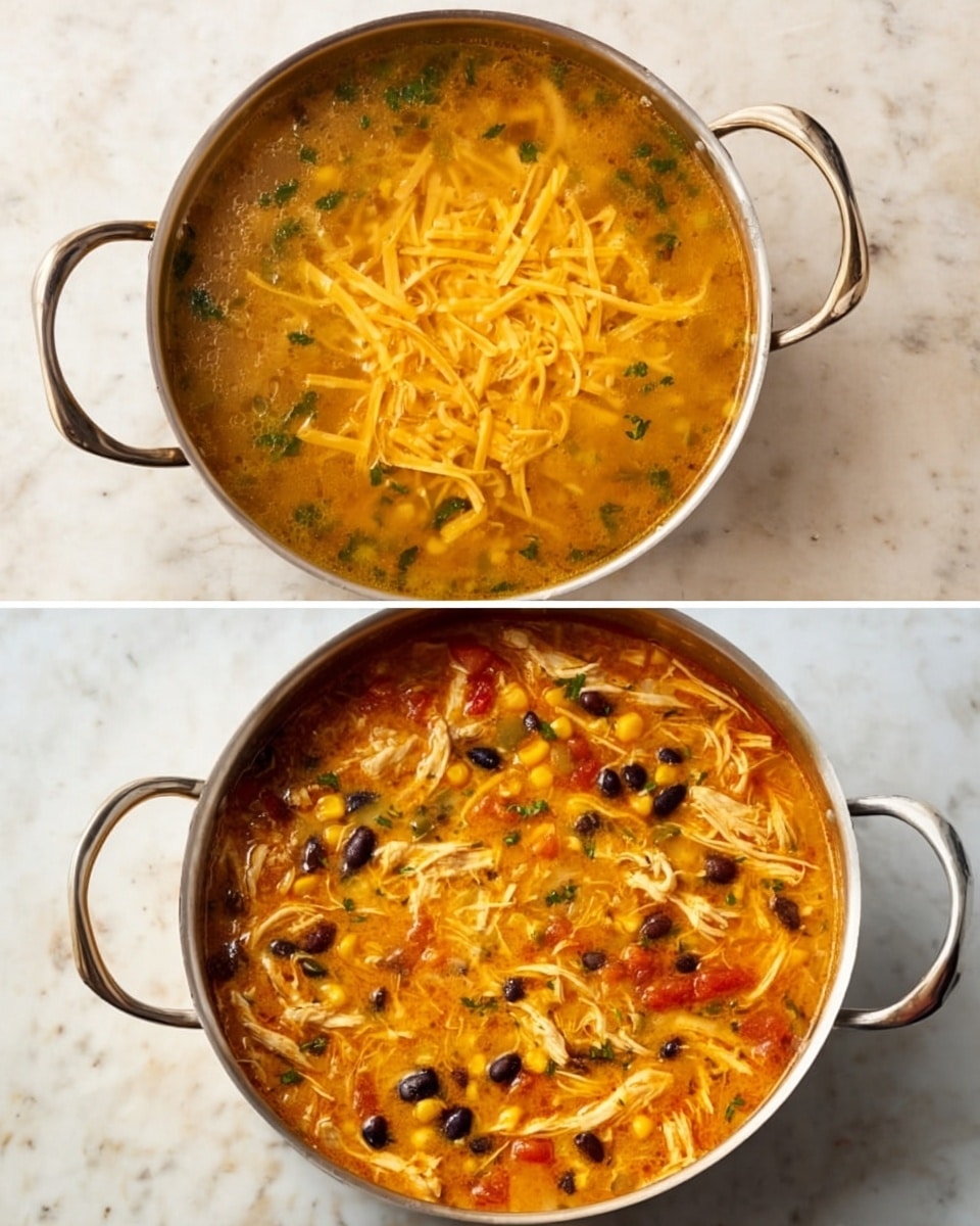The image shows two cooking pots filled with a layered chicken soup. The pot on the left contains a clear golden broth with thin orange-yellow shredded cheese on top, floating over green and light beige ingredients beneath the surface. The pot on the right contains a thicker, creamy orange soup with mixed visible layers of shredded chicken, black beans, yellow corn, small tomato pieces, and green herbs spread evenly throughout. Both pots sit on a white marbled surface. photo taken with an iphone --ar 4:5 --v 7