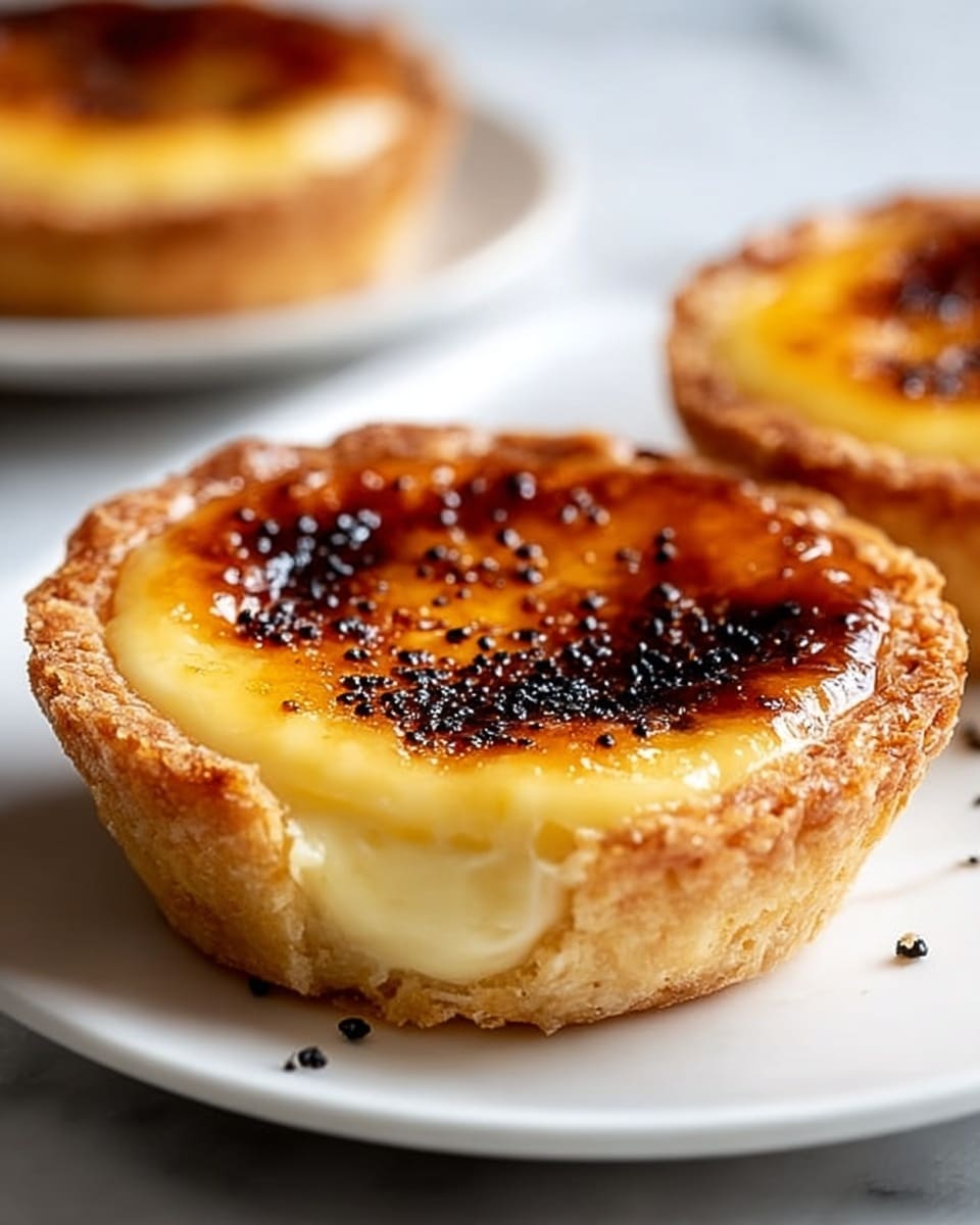 The image shows a close-up of a small tart on a white plate, set on a white marbled surface. The tart has a crisp, golden-brown crust with a slightly rough texture, forming the base and sides. Inside, there is a smooth, creamy pale yellow filling that looks soft and silky. The top layer is caramelized to a rich amber color with dark brown spots scattered unevenly, giving it a slightly burnt look. Small black seeds or crumbs are sprinkled on the surface and around the tart on the plate. In the background, two blurred tarts are visible, adding depth to the image. Photo taken with an iphone --ar 4:5 --v 7