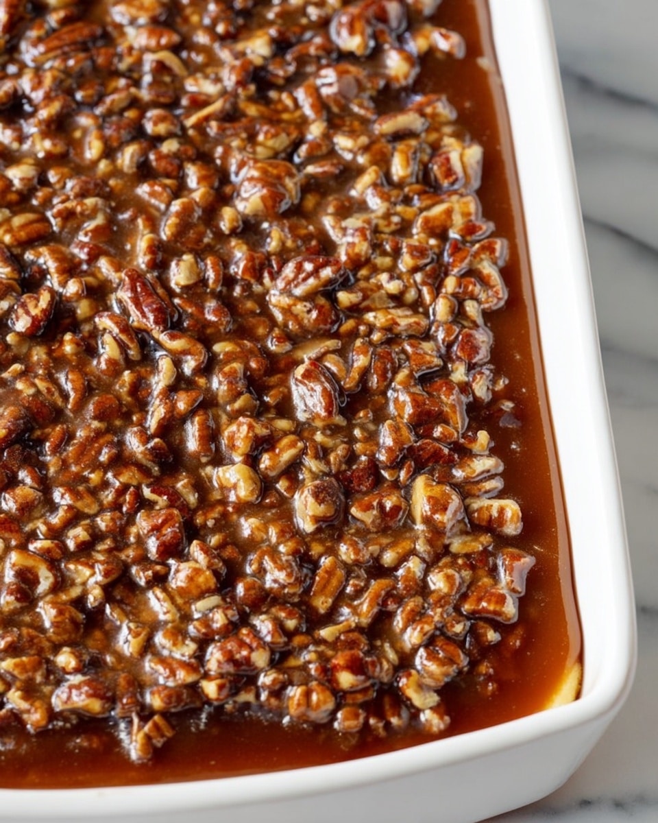 The image shows a close-up of a baking dish filled with a three-layer dessert. The bottom layer is a light golden crust with a smooth texture, forming a firm base. Above this is a rich, dark brown caramel layer that looks thick and sticky. The top layer is covered with plenty of chopped pecans in a glossy caramel sauce, giving it a shiny, textured surface with visible nut pieces spread evenly across. The baking dish is white, and the background is a white marbled texture. photo taken with an iphone --ar 4:5 --v 7