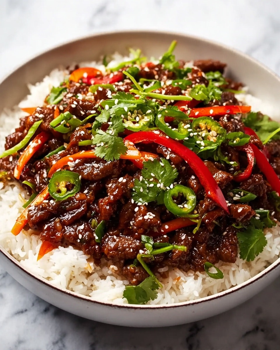 A close-up view of a dish with two main layers: the bottom layer is fluffy white rice with a smooth texture, and the top layer is made up of glossy, dark brown beef pieces coated in a shiny sauce. Scattered throughout the beef are bright red chili slices and small bits of chopped green onions, adding pops of red and green color. The dish shows a mix of soft and slightly crunchy textures with a rich, savory look. The background has a white marbled texture. Photo taken with an iphone --ar 4:5 --v 7