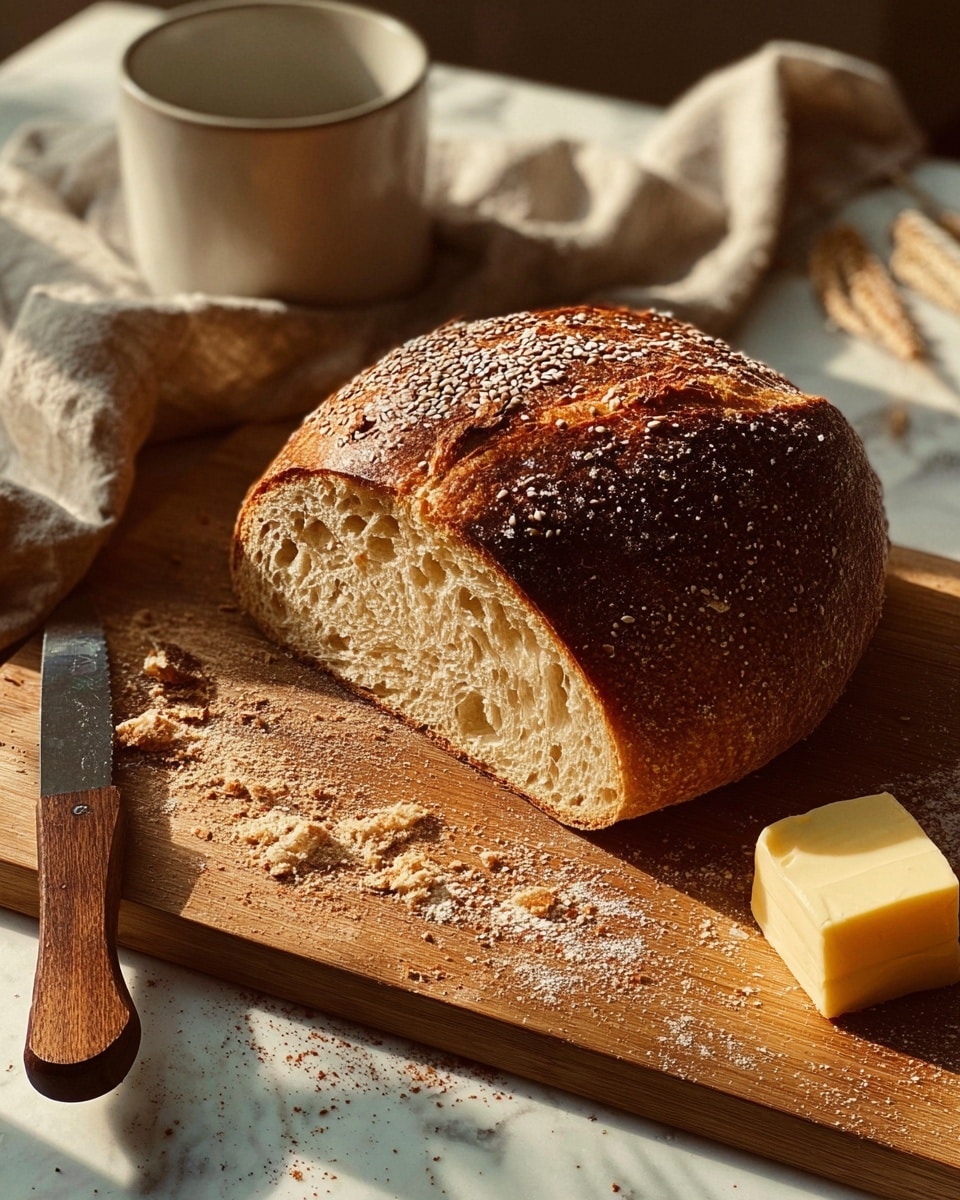 The image shows a thick loaf of bread cut in half, revealing a soft, airy inside with small holes. The crust is golden brown with a shiny, slightly rough texture, and sprinkled with sesame and poppy seeds on one side. The loaf is placed on a wooden board with crumbs around. Next to the bread is a silver knife with a serrated edge, holding a small slice of pale yellow butter. The background has a white marbled texture, giving the scene a warm and cozy feel. photo taken with an iphone --ar 4:5 --v 7