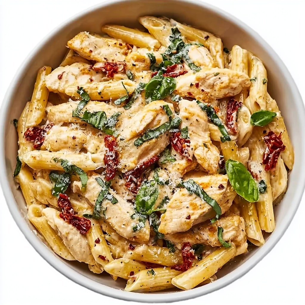 A heaping bowl of creamy penne pasta forms the base layer, with sauce generously coating each tube in a pale, velvety golden color flecked with pepper and spices. On top, tender slices of chicken breast are nestled throughout, slightly glossy and lightly browned at the edges. Thin strips of fresh basil add a vivid green contrast, distributed randomly over the pasta. Scattered across the surface are jewel-like bits of deep red sun-dried tomatoes, accompanied by a final dusting of finely grated white cheese that softly melts into the pasta. The overall texture appears rich, creamy, and inviting, with a harmonious mix of warm, earthy tones. photo taken with an iphone --v 7.0