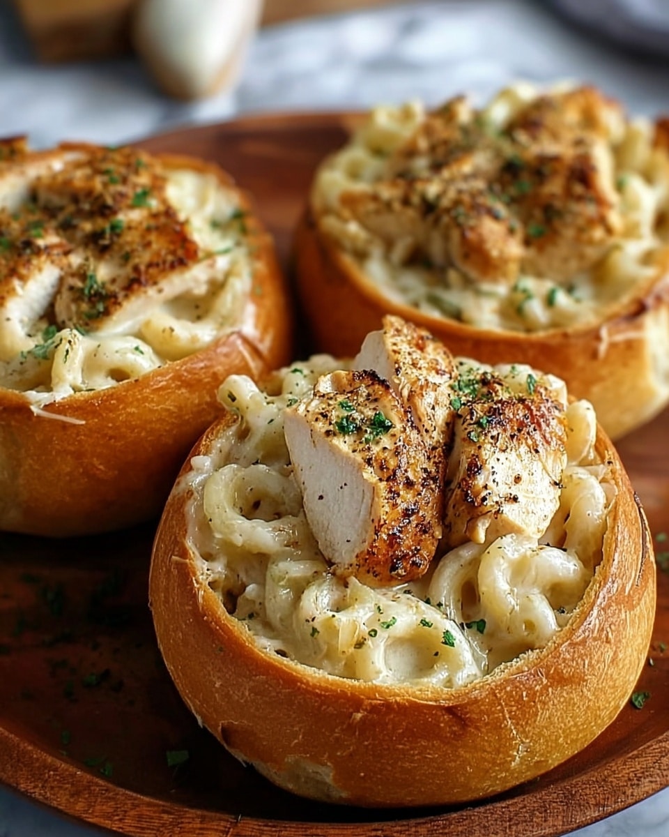 Three round bread bowls with a golden crust, each filled with creamy white pasta mixed with thick pieces of grilled chicken on top, lightly browned and seasoned with black pepper and small green herb bits scattered across the surface; the bread bowls sit close together on a wooden plate, the background showing a blurred white marbled texture. photo taken with an iphone --ar 4:5 --v 7